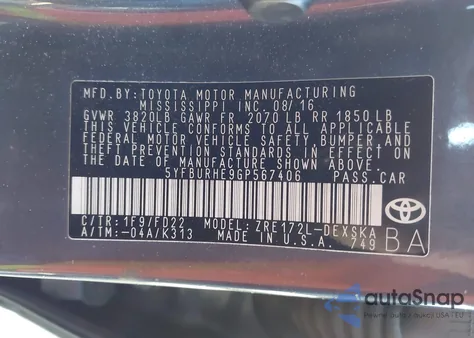 2016 Toyota Corolla S Plus z USA, uszkodzony, nr VIN 5YFBURHE9GP567406